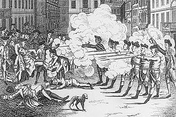 A black-and-white engraving shows British troops, lined up, firing guns at American colonists in what became the Boston Massacre of 1770.